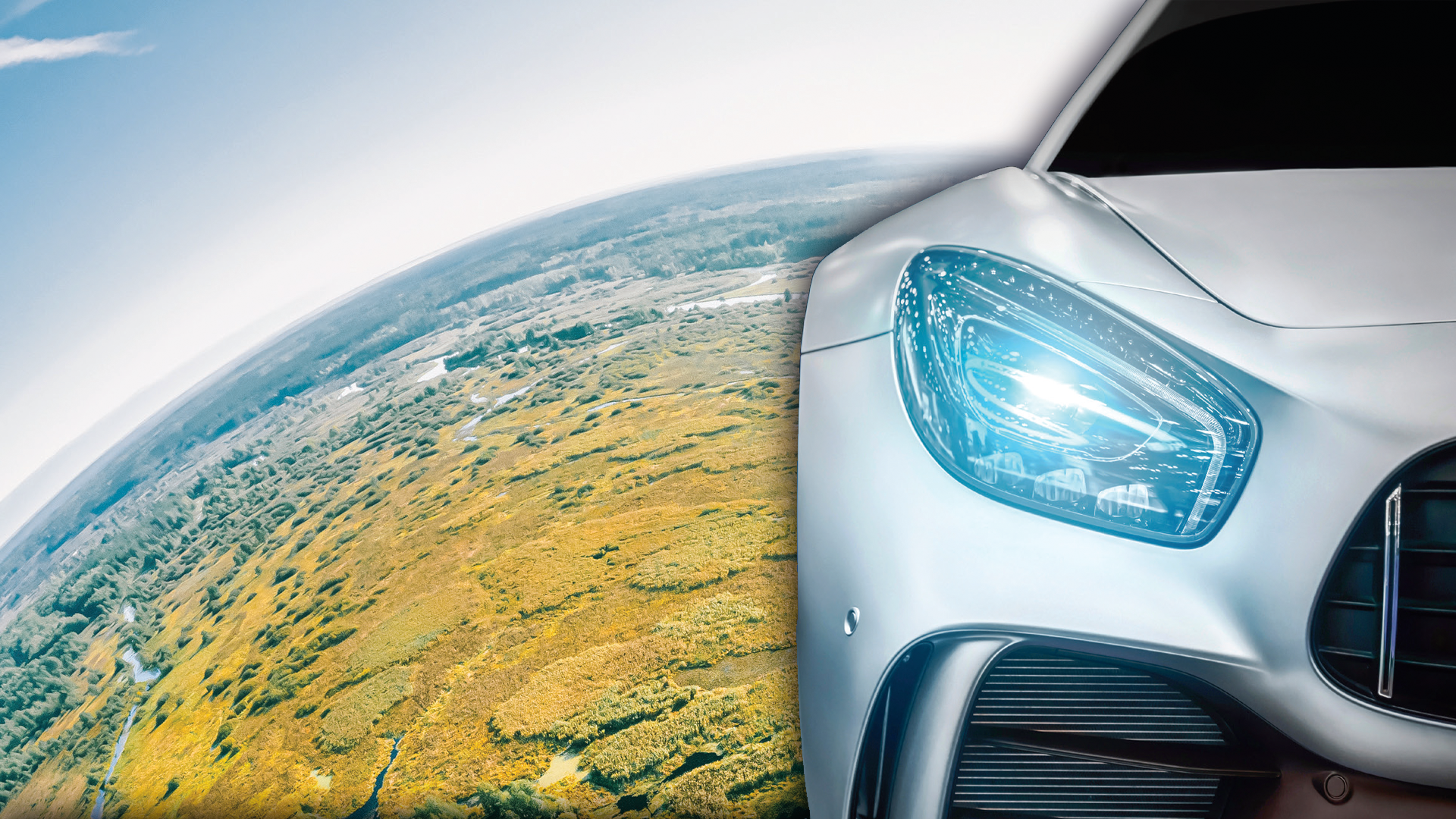 Aerial landscape meets sleek car design, blending earth's terrain with automotive innovation