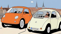 Vintage orange and cream compact cars parked in European city with historic architecture