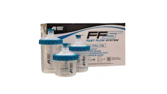 Anest Iwata Fast Flow System paint mixing cups with blue lids and measurement markings