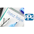 Finance analysis notebook with writing tools and corporate logo on professional workspace