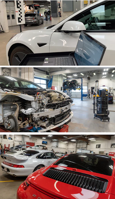 Auto repair shop with electric and classic sports cars during maintenance and diagnostic processes