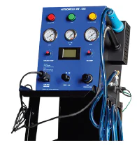 Blue industrial control panel with gauges and digital display for technical monitoring