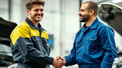 Mechanics shaking hands in automotive workshop, wearing yellow and blue work uniforms