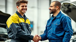 Mechanics shaking hands in automotive workshop, wearing yellow and blue work uniforms