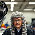 Judge in traditional robes standing in automotive garage near black vehicle