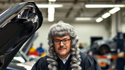 Judge in traditional robes standing in automotive garage near black vehicle