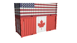 Shipping container with US and Canadian flags symbolizing international trade