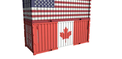 Shipping container with US and Canadian flags symbolizing international trade