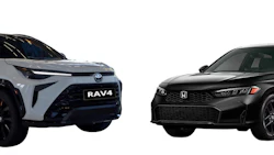 White Toyota RAV4 and black Honda SUV facing each other against white background