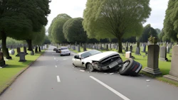 Wrecked white car crashed among gravestones on a tree-lined cemetery road