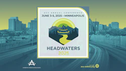 Headwaters 2025 ACC Conference poster with mountain landscape logo and Minneapolis cityscape