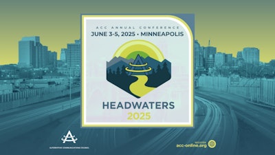 Headwaters 2025 ACC Conference poster with mountain landscape logo and Minneapolis cityscape