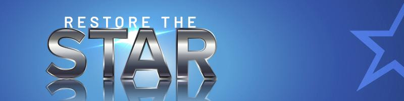 Restore the Star metallic 3D logo with reflective silver typography