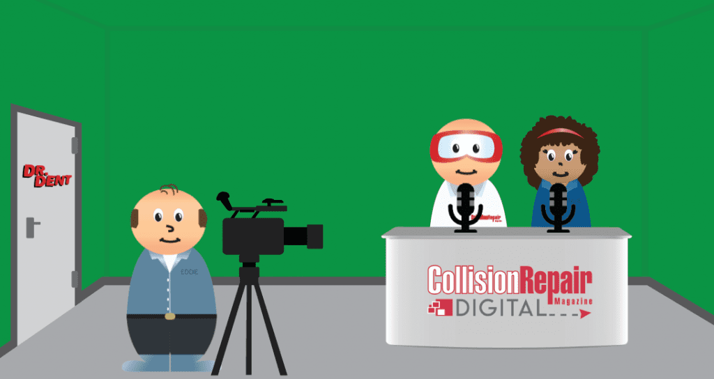 Collision Repair Digital podcast recording with camera operator and two hosts