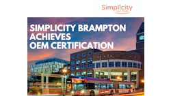 Brampton city bus at night with municipal building and sunset sky, Simplicity Car Care logo