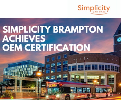 Brampton city bus at night with municipal building and sunset sky, Simplicity Car Care logo