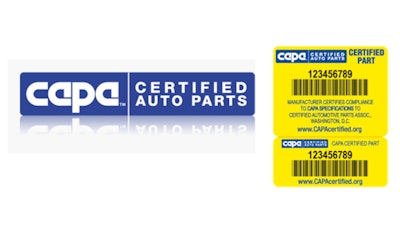 Cepa Certified Auto Parts official certification labels with barcode and compliance details