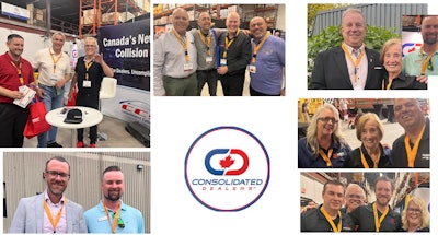 Consolidated Dealers team members networking at industry conference in warehouse environment