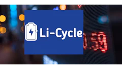 Li-Cycle battery recycling logo on blue background with urban night scene
