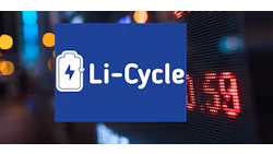 Li-Cycle battery recycling logo on blue background with urban night scene