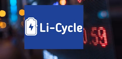 Li-Cycle battery recycling logo on blue background with urban night scene