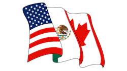 USMCA flags of US, Mexico, and Canada waving together symbolizing trade partnership