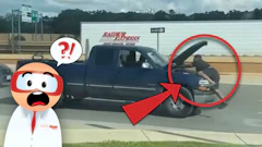Dangerous roadside stunt: Person climbing out of moving truck window