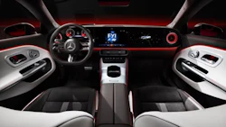 Mercedes-Benz luxury car interior with digital dashboard and red ambient lighting