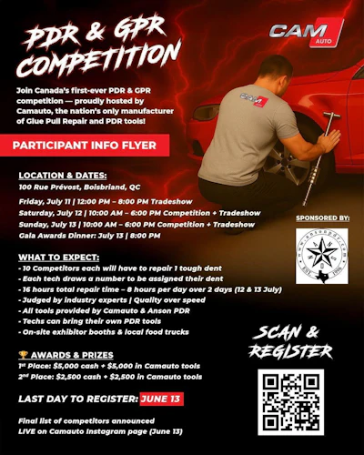 Camauto PDR & GPR Competition poster with technician demonstrating dent repair techniques