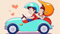 Playful cartoon couple driving a teal vintage car with heart icons