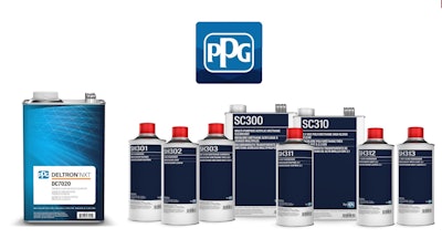PPG automotive paint and clearcoat product range with multiple chemical containers