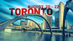 Toronto city skyline with architectural arches at Nathan Phillips Square, event dates August 20-22