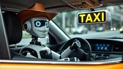 Robotic taxi driver in cowboy hat ready to drive, smiling with blue digital eyes