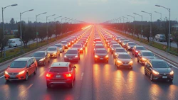 Heavy traffic with glowing red brake lights on crowded highway at dusk
