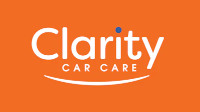Clarity Car Care logo with white typography on orange background