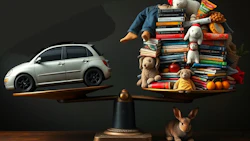 Silver car and stack of books balanced on vintage scale with stuffed animals and rabbit
