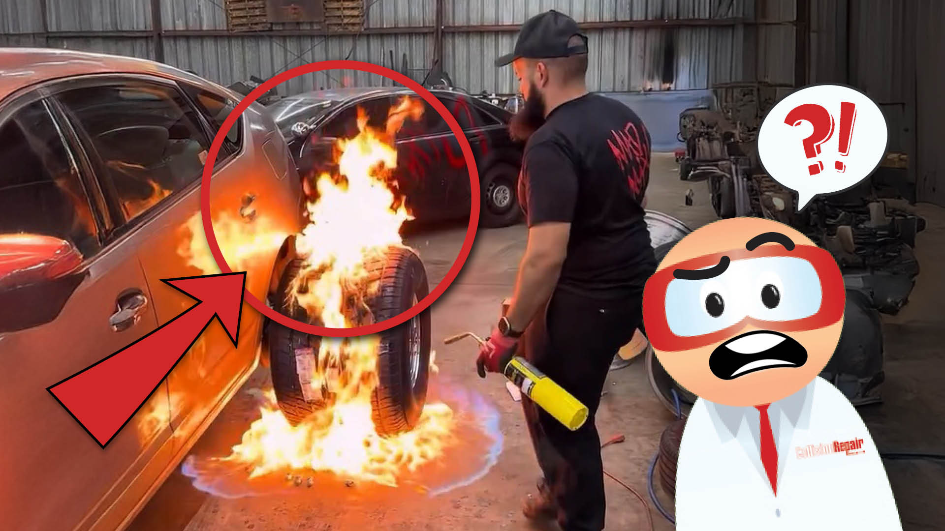 Burning car tire in auto repair shop with shocked cartoon mascot