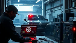 Technician diagnosing Toyota vehicle in high-tech automotive diagnostic center