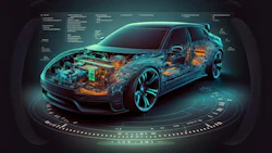 Futuristic car blueprint with transparent x-ray view of automotive technology