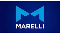 Marelli logo: Blue geometric M symbol on navy background
