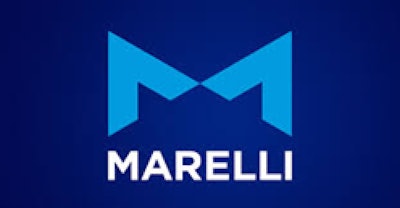 Marelli logo: Blue geometric M symbol on navy background