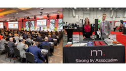 Trade show booth with 'm. Strong by Association' logo and marketing materials