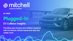 Mitchell Q1 2025 EV Collision Insights report cover with electric vehicle