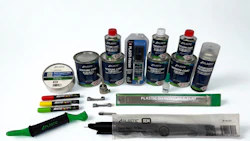 Auto plastic repair kit with spray cans, markers, and welding tools for vehicle maintenance