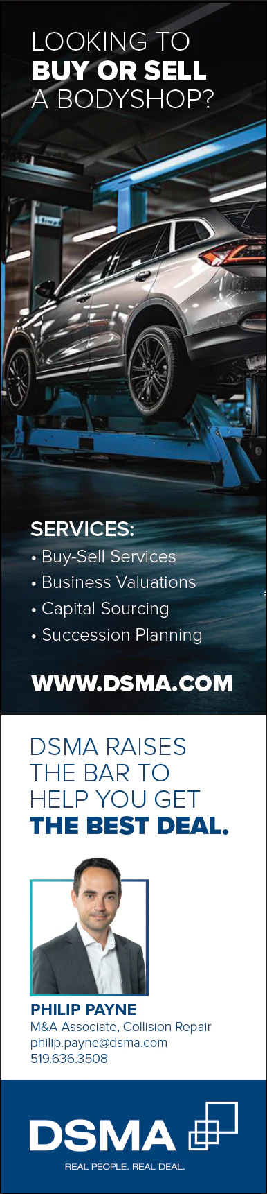 DSMA automotive business services ad with silver SUV on workshop lift