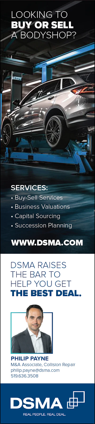 DSMA automotive business services ad with silver SUV on workshop lift
