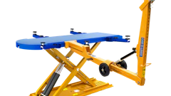 Yellow and blue automotive scissor lift with hydraulic mechanism