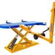 Yellow and blue automotive scissor lift with hydraulic mechanism