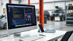 iMac computer on clean desk in automotive workshop with data analytics screen