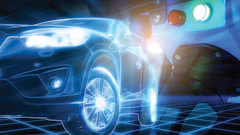 Glowing blue wireframe car design in futuristic digital technology environment